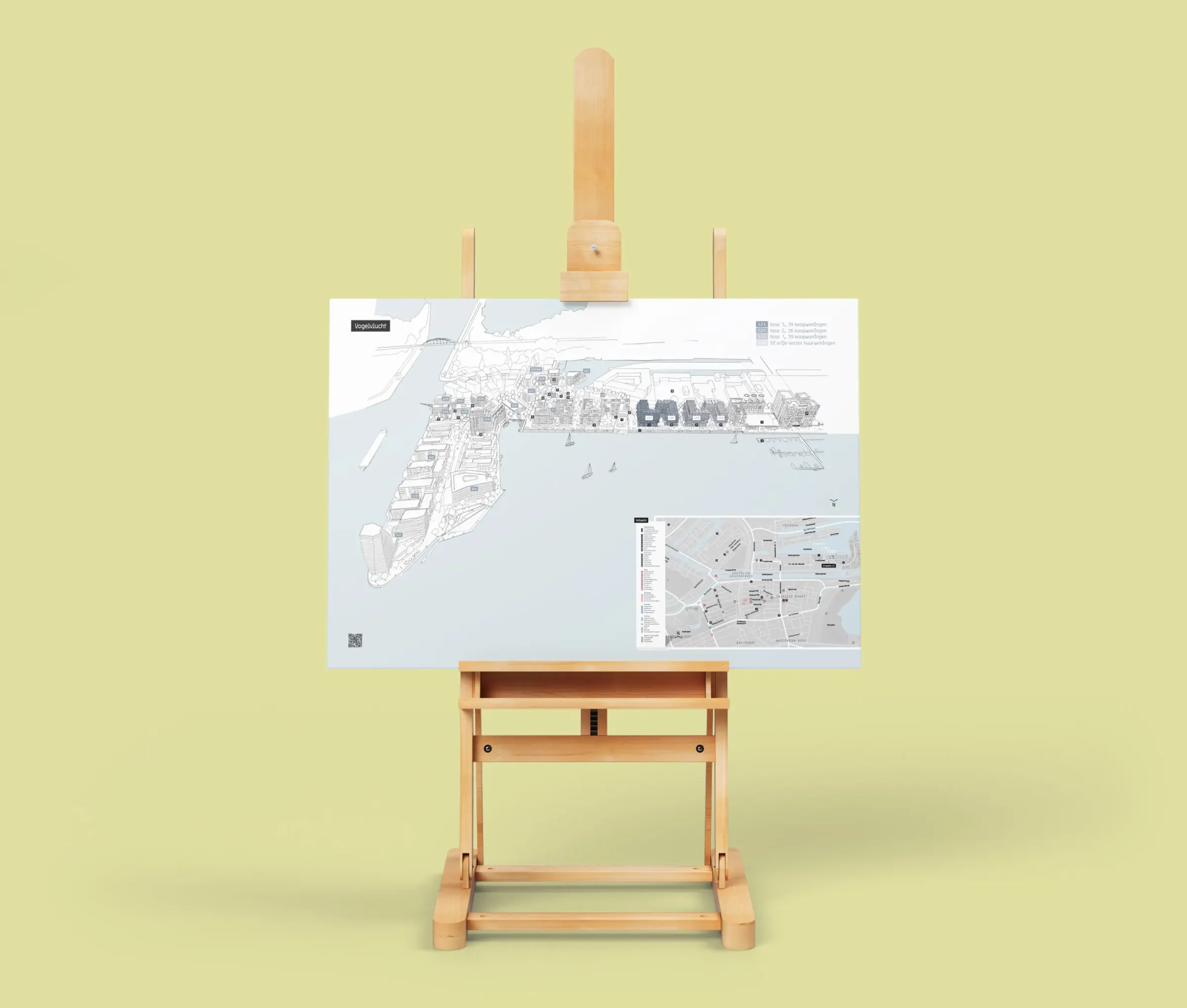 Vogelvluchttekening van Cruquius op een schildersezel