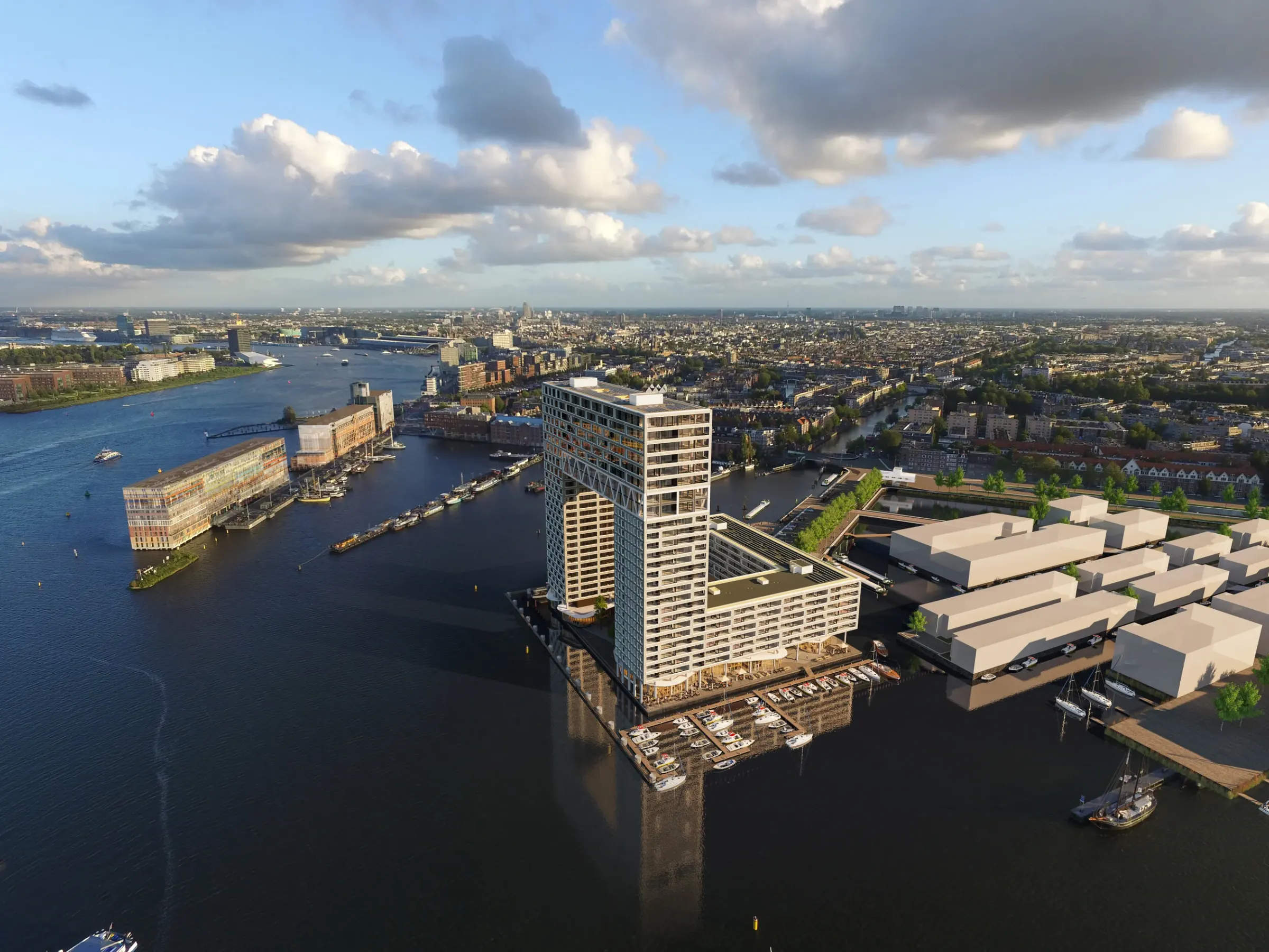 Pontsteiger in de Houthaven van Amsterdam, gezien vanaf het water