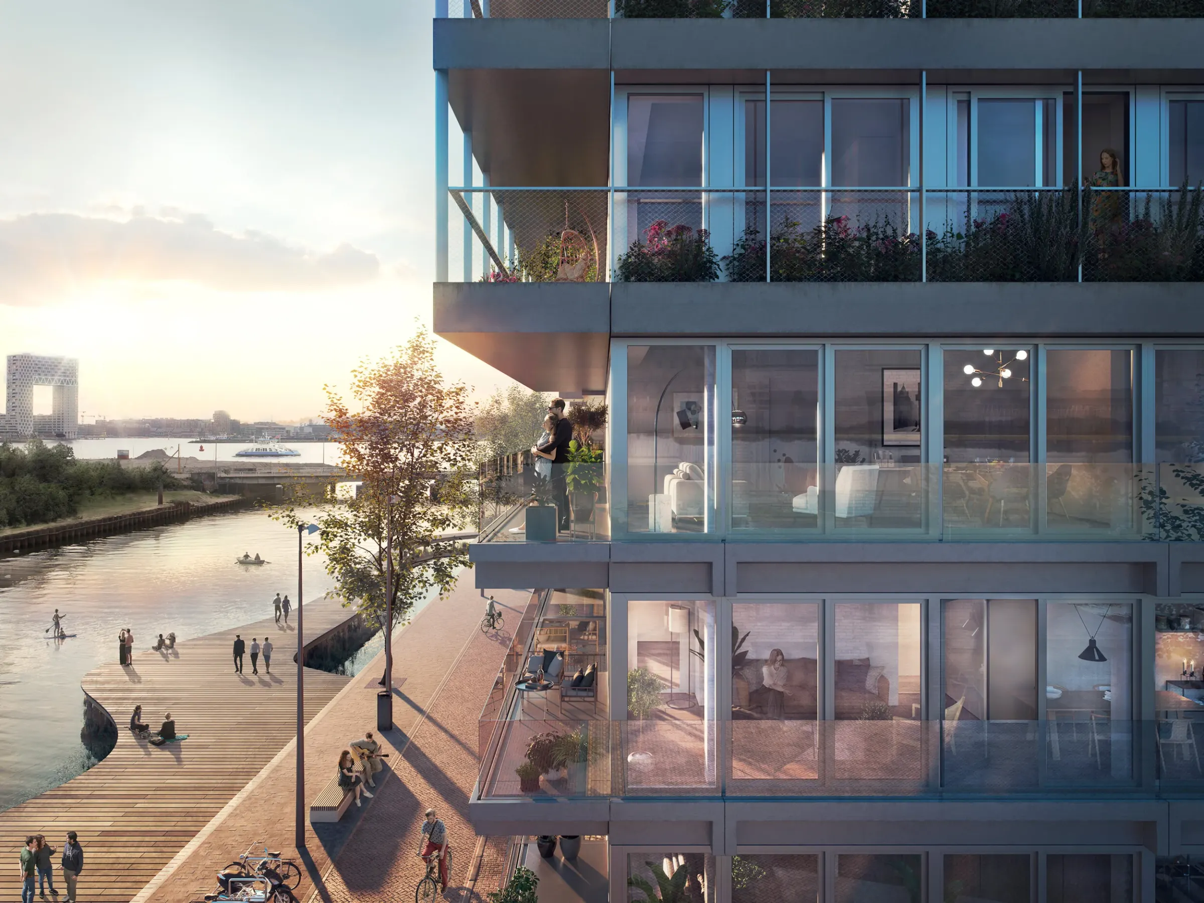 Artist impression van The Doors aan het Tolhuiskanaal bij zonsondergang
